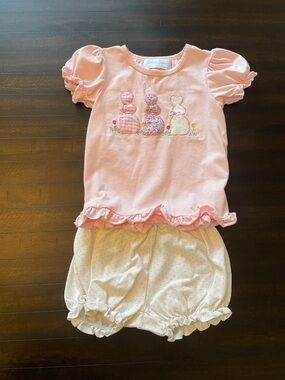 Pink Bunny Appliqué Kids Set with Cream Polka-Dot Shorts